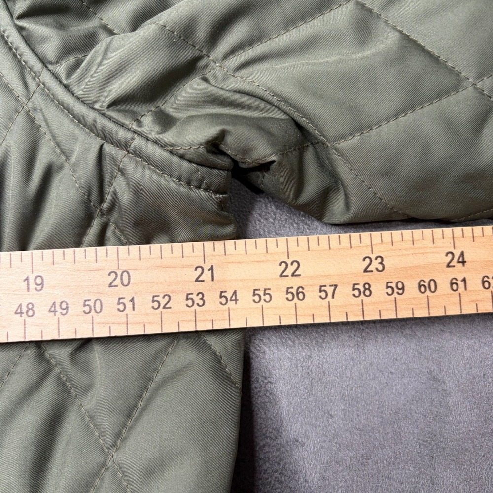 LL Bean Quilted Riding Jacket Women Large Olive Green Plaid Lined Snap Barn Coat - Picture 11 of 14